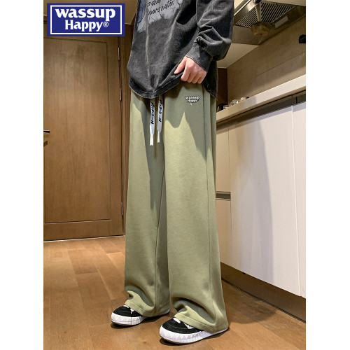 wassup happy抽繩直筒褲子男春秋季夏款運動褲寬松休閒垂感濶腿褲