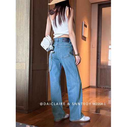 代嘉兒96220A-1直筒牛仔褲女夏季薄款高腰藍色彈力顯瘦窄版濶腿褲