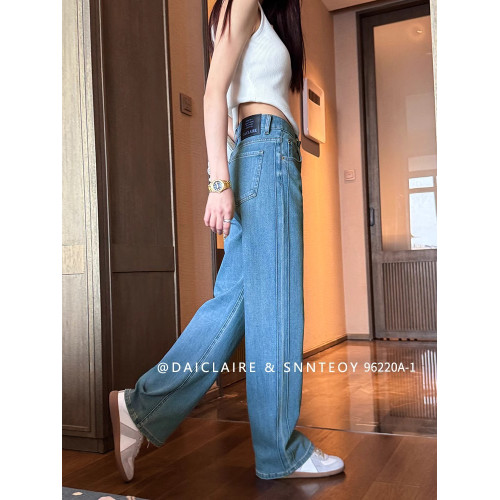 代嘉兒96220A-1直筒牛仔褲女夏季薄款高腰藍色彈力顯瘦窄版濶腿褲