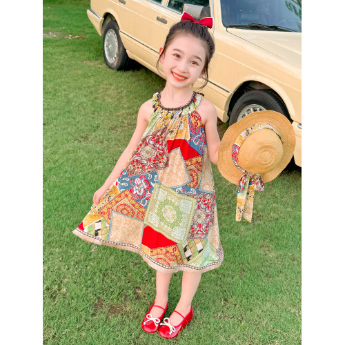 女童時尚民族風掛脖連衣裙洋氣夏裝薄涼快吊帶裙三亞海邊沙灘裙子