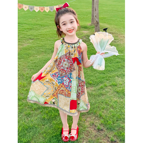 女童時尚民族風掛脖連衣裙洋氣夏裝薄涼快吊帶裙三亞海邊沙灘裙子