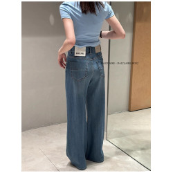 代嘉兒daiclaire牛仔褲女夏季新款高腰寬松顯瘦藍色筒喇褲99352