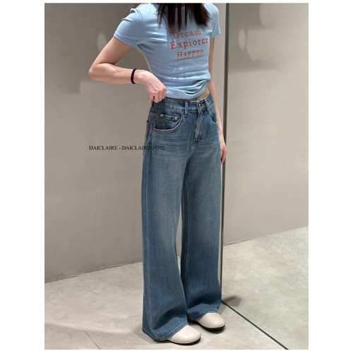 代嘉兒daiclaire牛仔褲女夏季新款高腰寬松顯瘦藍色筒喇褲99352