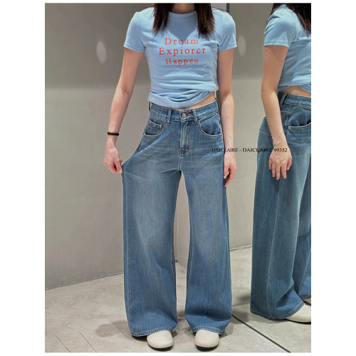 代嘉兒daiclaire牛仔褲女夏季新款高腰寬松顯瘦藍色筒喇褲99352