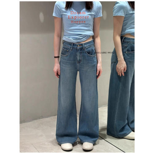 代嘉兒daiclaire牛仔褲女夏季新款高腰寬松顯瘦藍色筒喇褲99352
