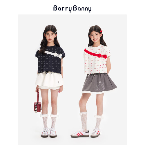 BarryBanny女童短袖洋氣時髦2025夏季中大兒童上衣小女孩寬松T恤
