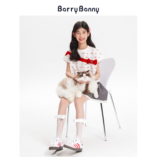 BarryBanny女童短袖洋氣時髦2025夏季中大兒童上衣小女孩寬松T恤