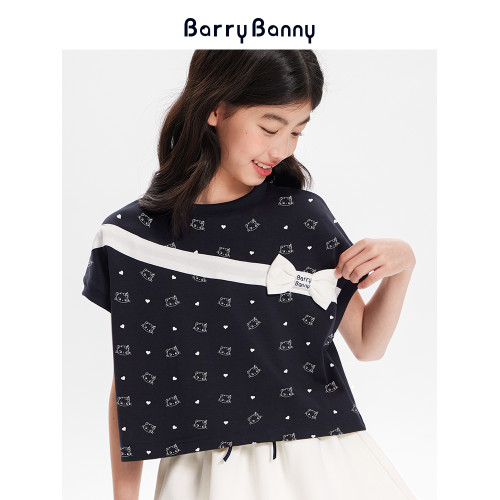 BarryBanny女童短袖洋氣時髦2025夏季中大兒童上衣小女孩寬松T恤