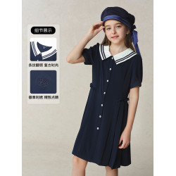 eland kids衣戀童裝女童連衣裙2025年夏新品翻領條紋百褶開學禮服