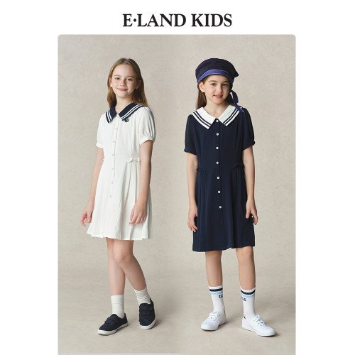 eland kids衣戀童裝女童連衣裙2025年夏新品翻領條紋百褶開學禮服
