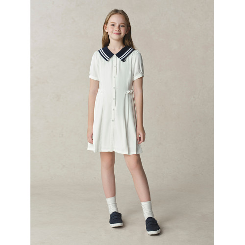 eland kids衣戀童裝女童連衣裙2025年夏新品翻領條紋百褶開學禮服