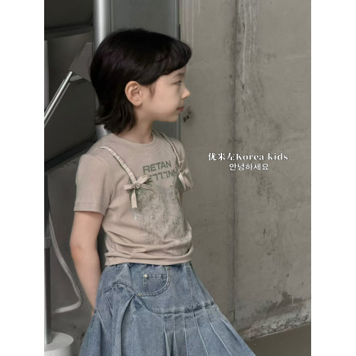 童裝甜美女孩氣質設計上衣2025新款洋氣女童夏裝短袖T恤修身短款