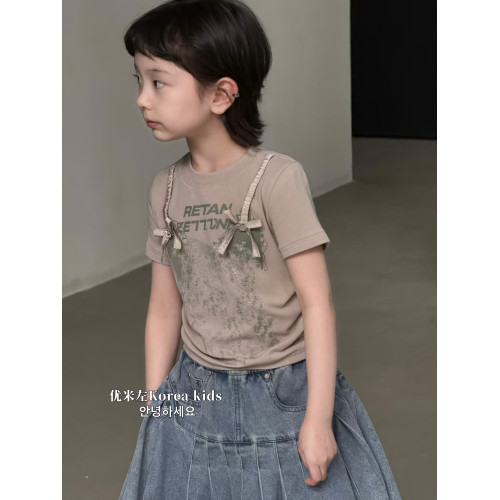 童裝甜美女孩氣質設計上衣2025新款洋氣女童夏裝短袖T恤修身短款
