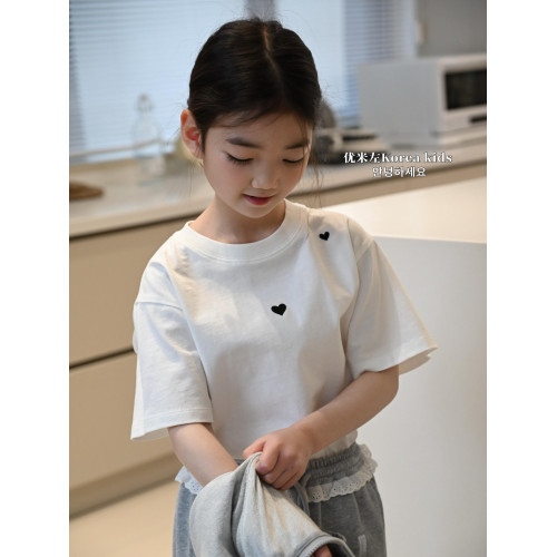 童裝2025新款兒童短袖T恤女童夏裝半袖愛心刺綉時尚白色純棉上衣