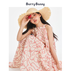 BarryBanny女童法式掛脖全棉連衣裙夏季新款中大童度假透氣長裙