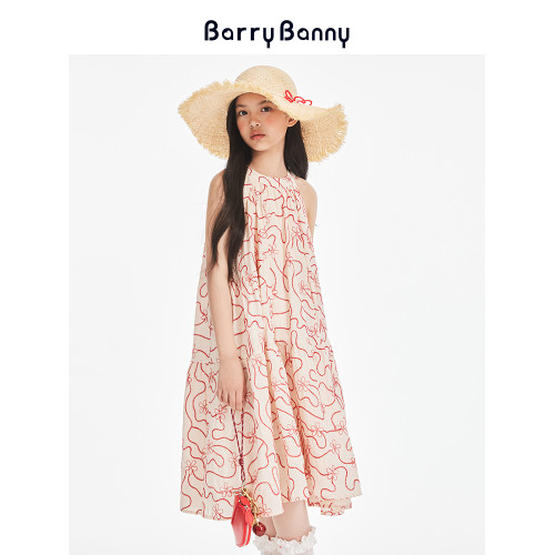 BarryBanny女童法式掛脖全棉連衣裙夏季新款中大童度假透氣長裙