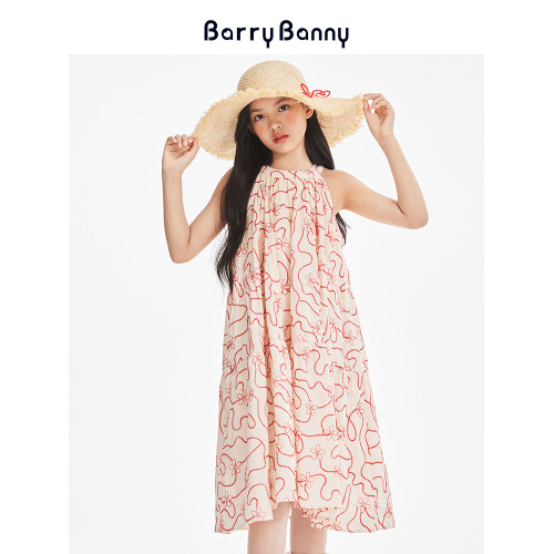 BarryBanny女童法式掛脖全棉連衣裙夏季新款中大童度假透氣長裙