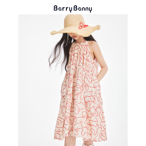 BarryBanny女童法式掛脖全棉連衣裙夏季新款中大童度假透氣長裙