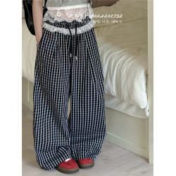波拉韓女童格子蕾絲拼接直筒褲夏季2025新款兒童休閒褲中大童褲子