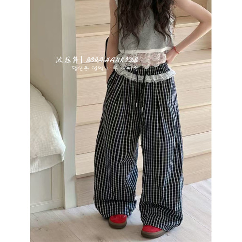 波拉韓女童格子蕾絲拼接直筒褲夏季2025新款兒童休閒褲中大童褲子