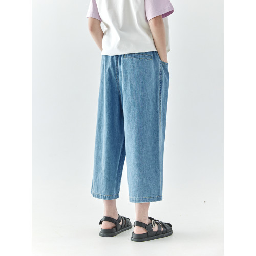 棵初2025夏季新款親子中大女童純棉八分牛仔褲水洗藍寬松休閒褲