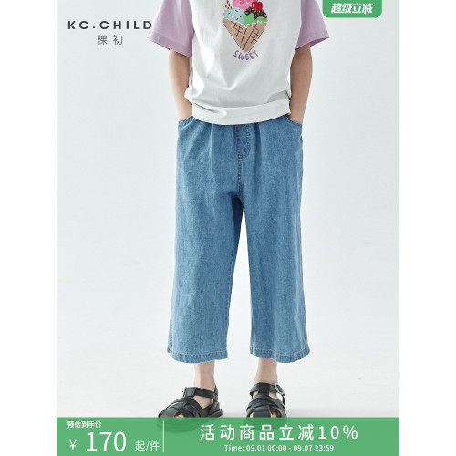 棵初2025夏季新款親子中大女童純棉八分牛仔褲水洗藍寬松休閒褲