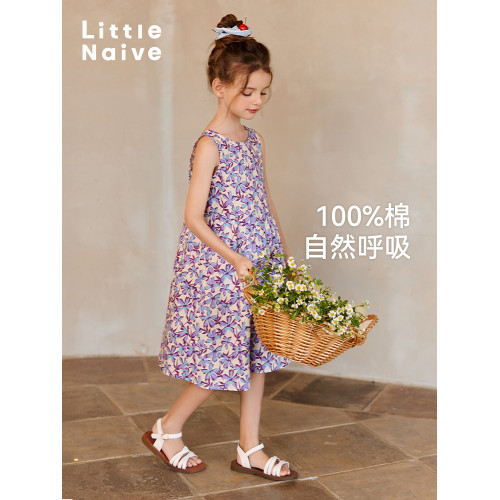 Little Naive兒童度假連衣裙夏季純棉印花碎花裙女童後露背背心裙