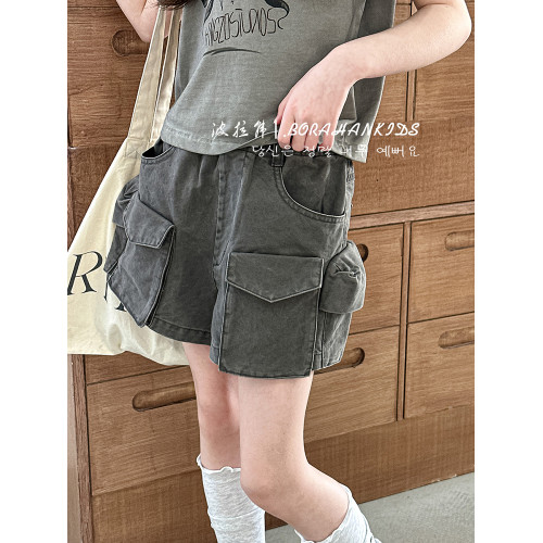 波拉韓女童短褲2025新款兒童牛仔熱褲小女孩時髦工裝褲洋氣五分褲