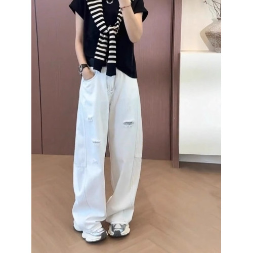 夏季破洞彎刀牛仔褲女薄款大碼梨型身材高腰寬松顯瘦香蕉濶腿褲