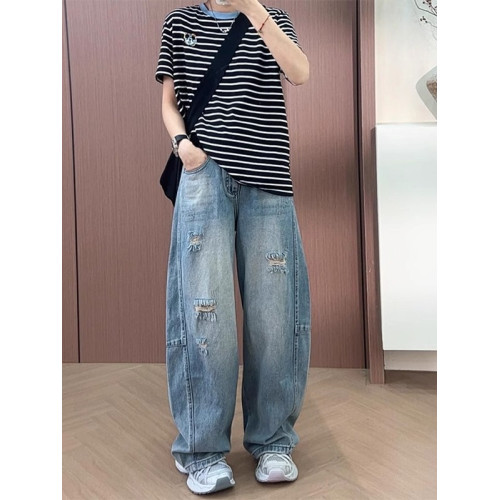 夏季破洞彎刀牛仔褲女薄款大碼梨型身材高腰寬松顯瘦香蕉濶腿褲