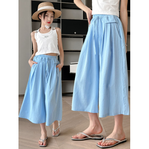 女童冰絲七分褲2025新款夏裝兒童薄款濶腿裙褲中大童寬松休閒中褲