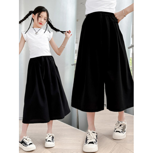 女童冰絲七分褲2025新款夏裝兒童薄款濶腿裙褲中大童寬松休閒中褲