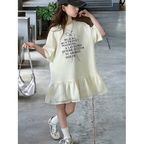 女童連衣裙夏季2025新款女孩衛衣裙子女大童洋氣夏裝印花拼接沙裙
