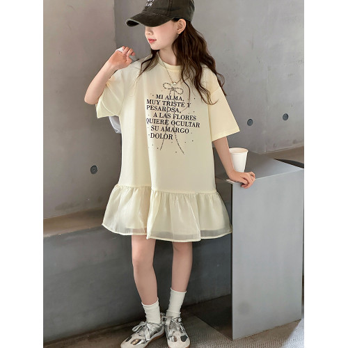 女童連衣裙夏季2025新款女孩衛衣裙子女大童洋氣夏裝印花拼接沙裙