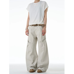 NOW3美式復古直筒彎刀工裝褲女潮牌褶皺寬松休閒褲水洗廓形濶腿褲