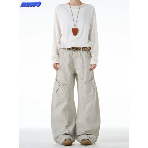 NOW3美式復古直筒彎刀工裝褲女潮牌褶皺寬松休閒褲水洗廓形濶腿褲