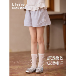 Little Naive兒童休閒褲夏季新款側拼條蝴蝶結褲子女童皺感短褲