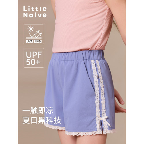 Little Naive兒童休閒褲夏季新款側拼條蝴蝶結褲子女童皺感短褲