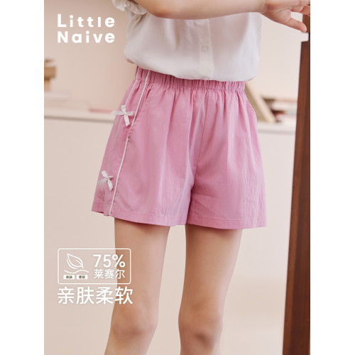 Little Naive兒童休閒褲夏季新款側拼條蝴蝶結褲子女童皺感短褲