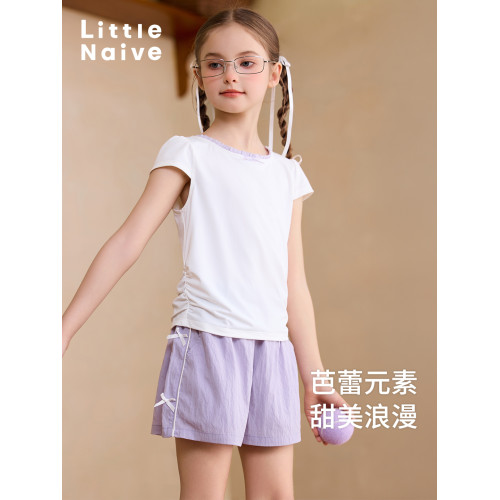 Little Naive兒童休閒褲夏季新款側拼條蝴蝶結褲子女童皺感短褲