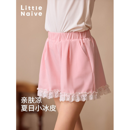 Little Naive兒童休閒褲夏季新款側拼條蝴蝶結褲子女童皺感短褲