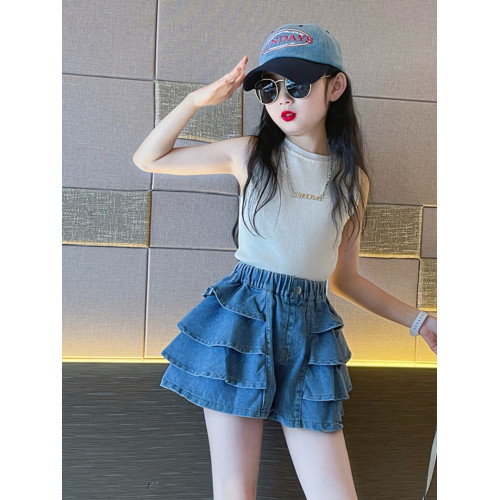 女童夏季牛仔短裙套裝2025新款中大童洋氣半身裙子蛋糕裙褲公主裙