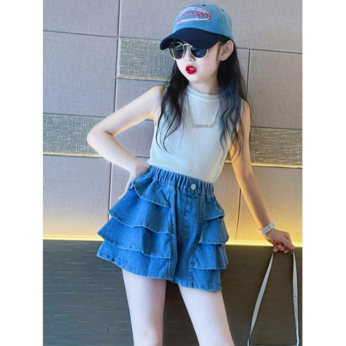 女童夏季牛仔短裙套裝2025新款中大童洋氣半身裙子蛋糕裙褲公主裙