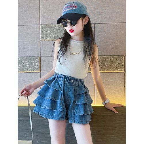 女童夏季牛仔短裙套裝2025新款中大童洋氣半身裙子蛋糕裙褲公主裙
