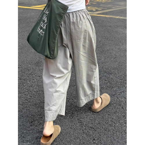 灰色紙片人速乾濶腿褲女夏季薄款大碼胖mm日系寬松顯瘦休閒九分褲
