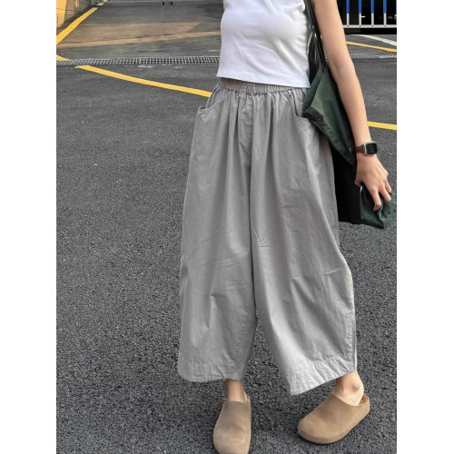 灰色紙片人速乾濶腿褲女夏季薄款大碼胖mm日系寬松顯瘦休閒九分褲