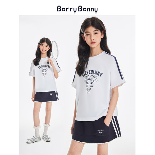 BarryBanny女童短袖寬松T恤2025夏季兒童網球運動套裝圓領上衣