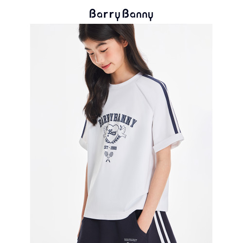 BarryBanny女童短袖寬松T恤2025夏季兒童網球運動套裝圓領上衣