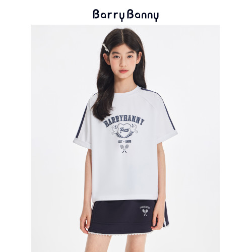 BarryBanny女童短袖寬松T恤2025夏季兒童網球運動套裝圓領上衣