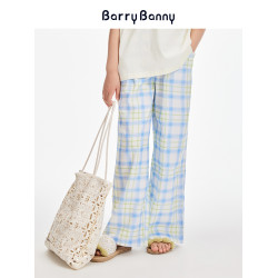 BarryBanny女童藍黃格子濶腿褲夏季新款中大童彈力寬松透氣直筒褲